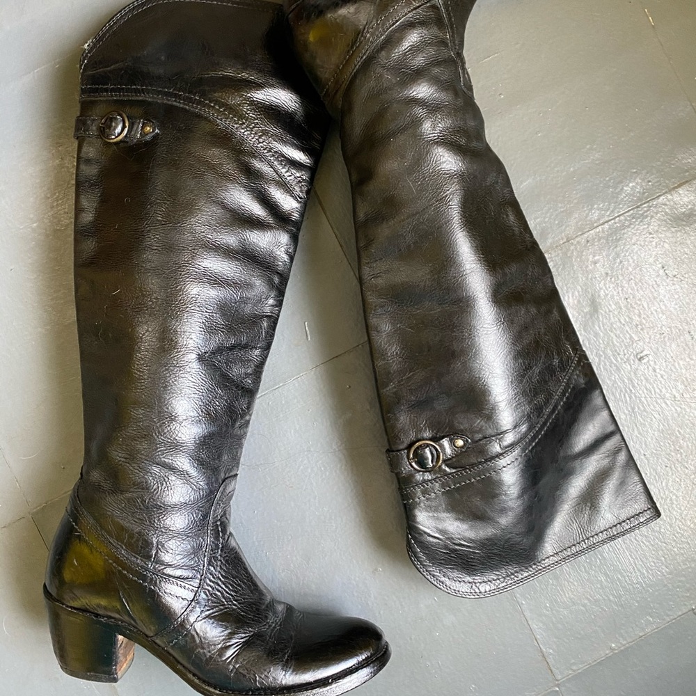 Refurbished black Frye over the knee heeled boots